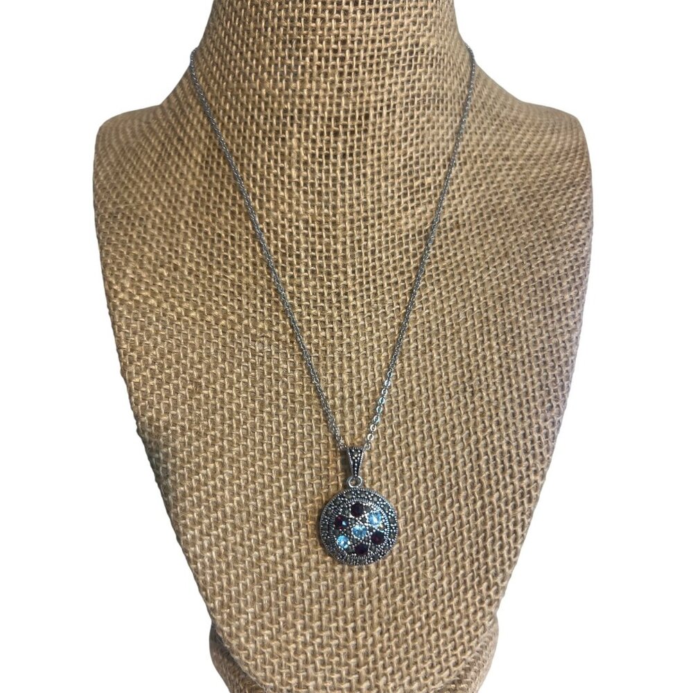 Vintage Silver Tone Necklace Round Pendant Marcasite Crystal Blue Dark Red 17"